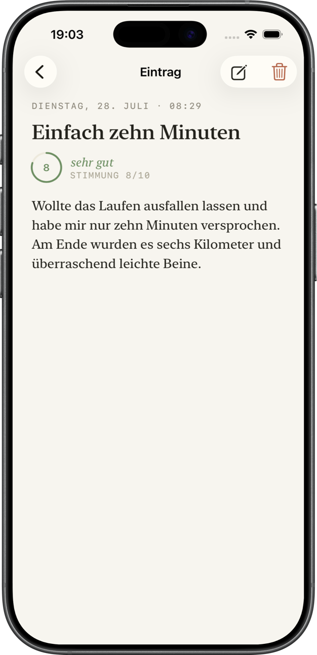 Ein Eintrag in journyy mit Titel, Stimmung und Text