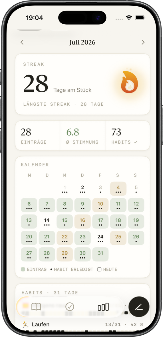 Die Statistik in journyy: Streak, Kennzahlen und der Monat als Kalender