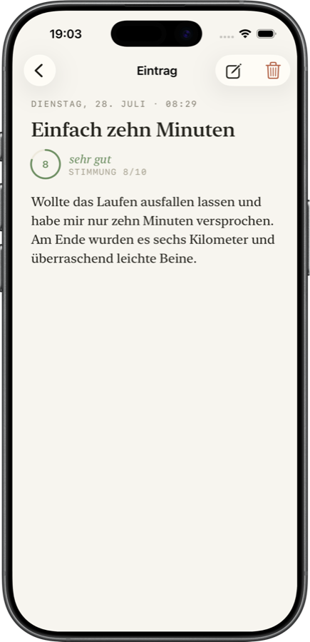 Ein Eintrag in journyy mit Titel, Stimmung und Text