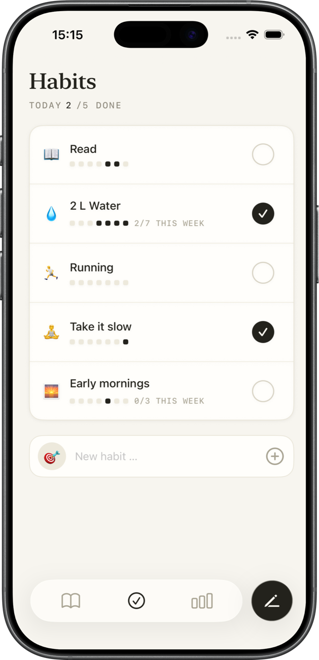 Today’s habits in journyy, two of five done