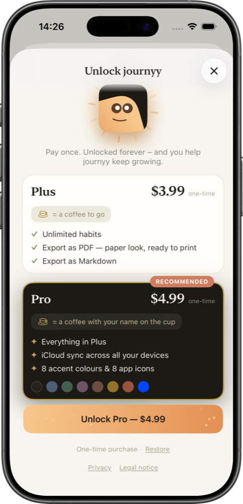 The purchase screen in journyy: Plus and Pro side by side, both one-time payments