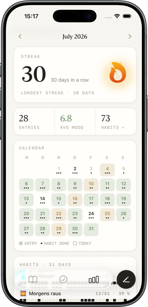 Statistics in journyy: streak, key figures and the month as a calendar