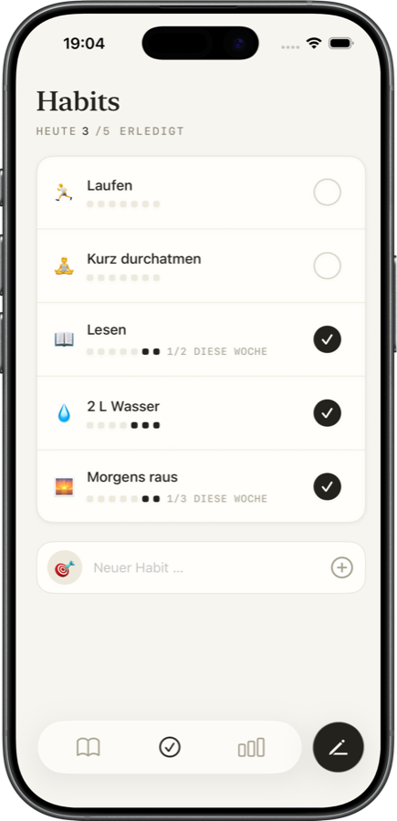 Die Habits des Tages in journyy, drei von fünf erledigt