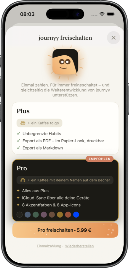 Die Kaufseite in journyy: Plus und Pro nebeneinander, beide als Einmalzahlung