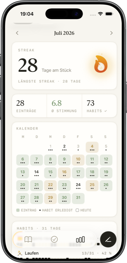 Die Statistik in journyy: Streak, Kennzahlen und der Monat als Kalender